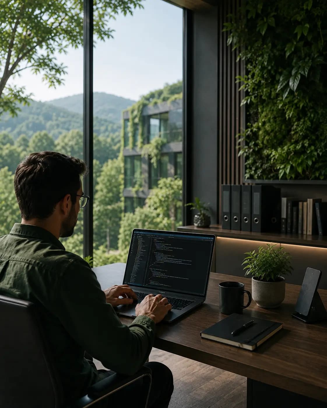Remote professional working on a laptop with a scenic mountain view