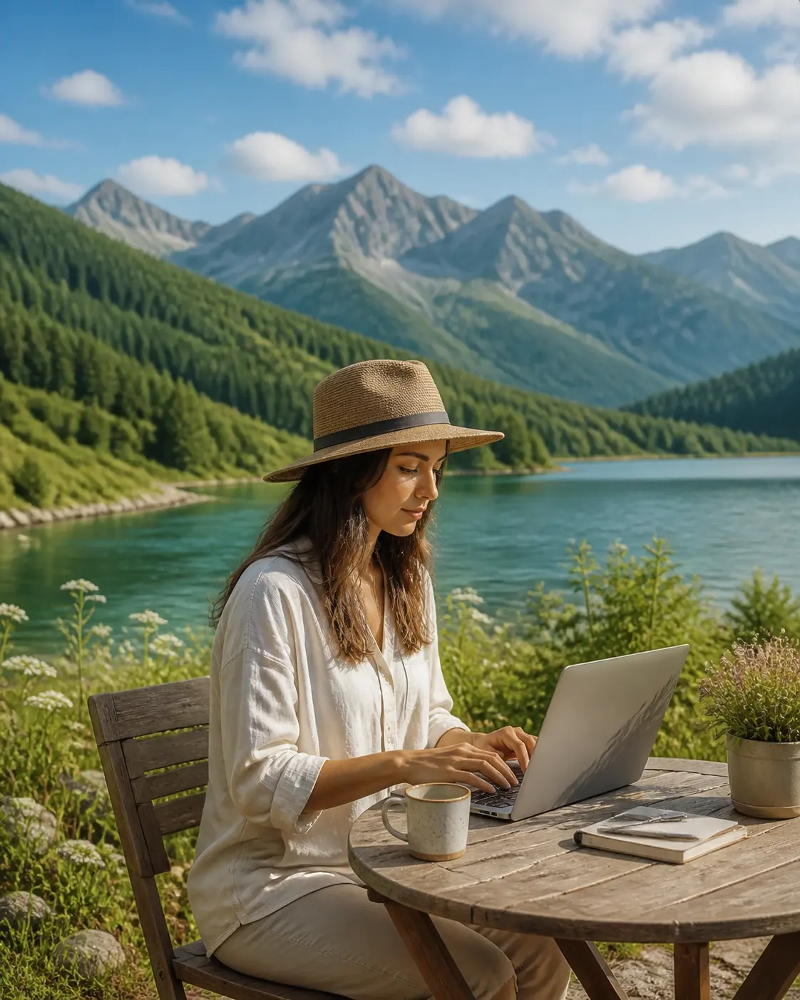 Remote designer working lakeside